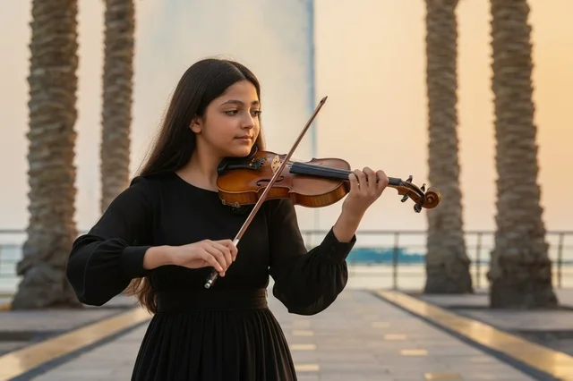 Saudi Girl Playing Violin by the Sea at Sunset