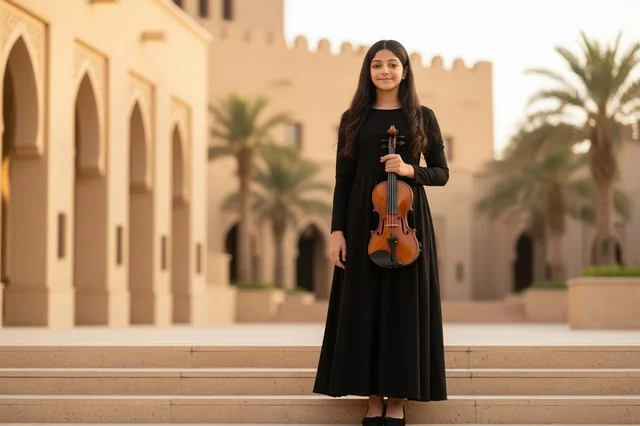 عازفة كمان عربية أمام مبنى تراثي