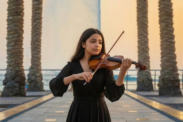Arab Woman Playing Violin Outdoor at Sunset