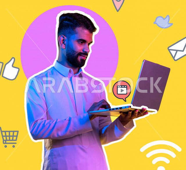 رجل عربي خليجي سعودي يستخدم جهاز الحاسوب المحمول, مجموعة من فقاعات السوشال ميديا تحتوي على التعابير و التفاعلات, دردشه ومحادثات, تطبيقات التواصل الإجتماعي, تسليه وترفيه, تعارف وصداقات, التسوق الاكتروني, ادارة الاعمال عن بعد