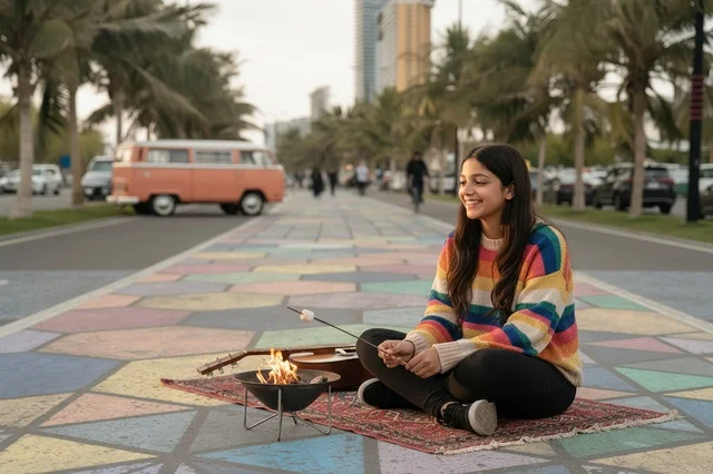 امرأة سعودية تشوي المارشميلو في حديقة عامة