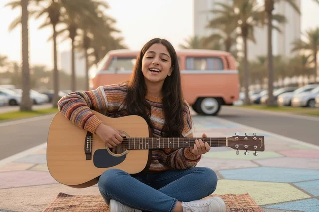Saudi Woman Playing Acoustic Guitar Outdoors