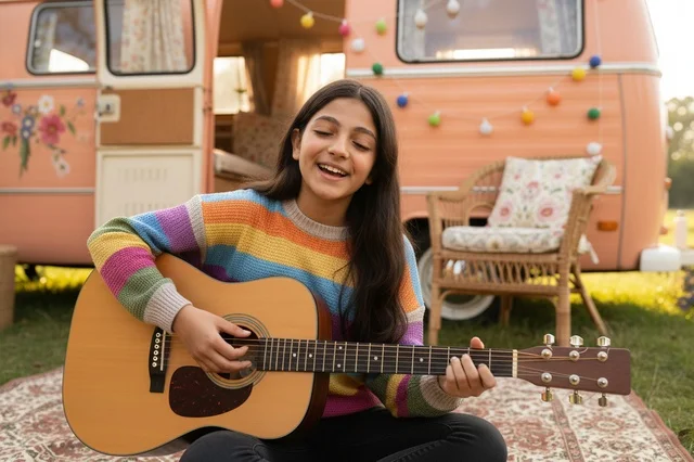 A Saudi woman playing the guitar outdoors.