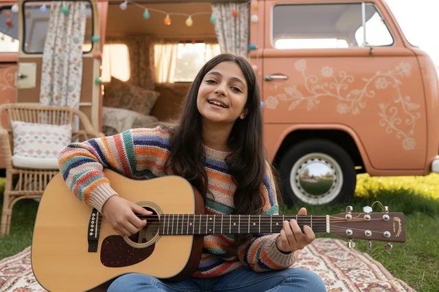 A Saudi woman playing the guitar outdoors.
