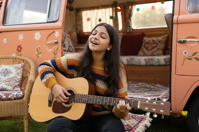 A Saudi woman playing the guitar outdoors.