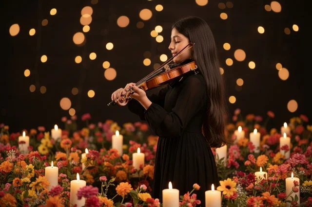 Saudi Girl Playing Violin with Candles and Flowers