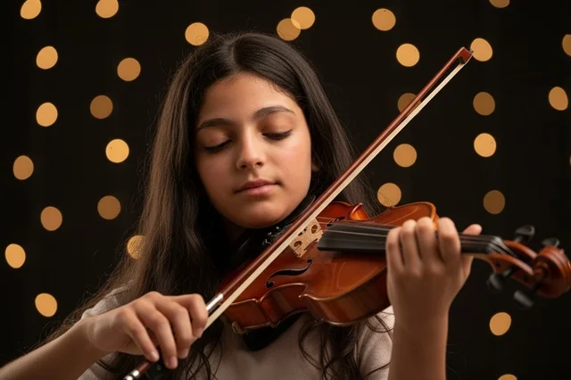 An Arab girl is playing the violin on stage.