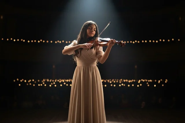 An Arab girl is playing the violin on stage.
