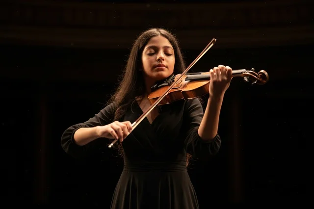 Arab Girl Playing Violin on Dark Stage