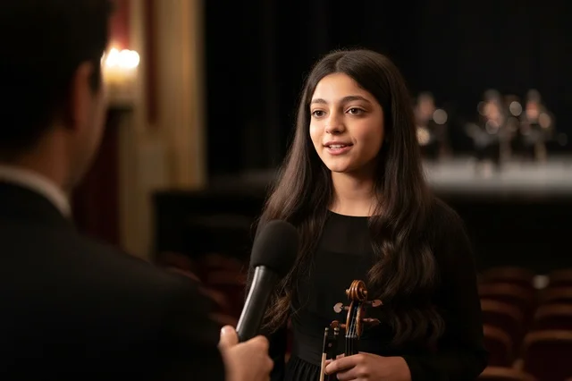 Young Arab Female Violinist Interview in Theater