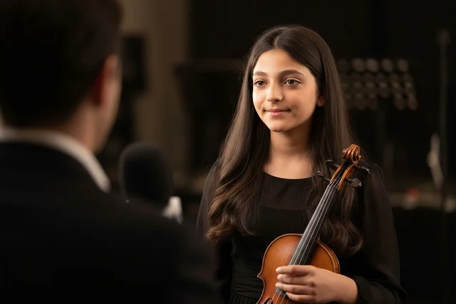 Young Arab Girl Holding Violin in Music Studio