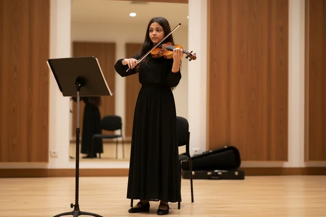 Saudi Girl Playing Violin on Stage in Black Dress