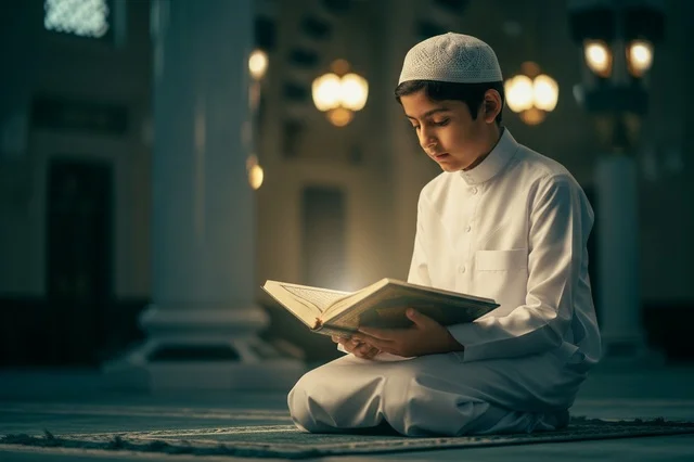 An Arab child reads the Holy Quran inside the mosque in a spiritual atmosphere.