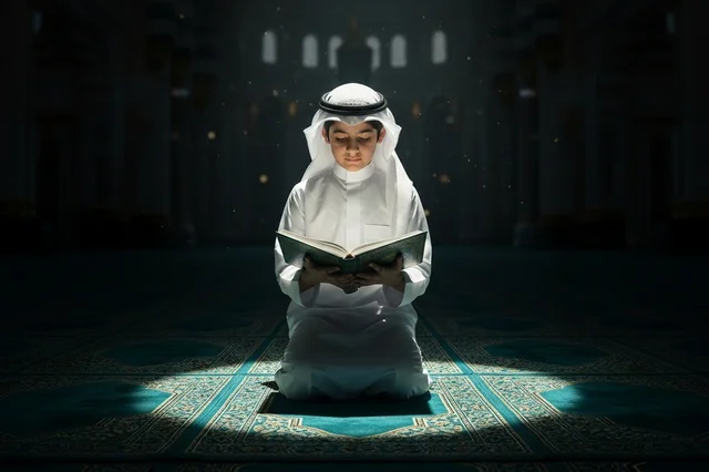 Saudi Boy Reading Quran in Mosque with Spotlight