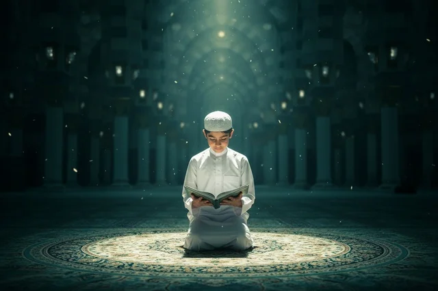 Arab Boy Reading Quran in Ornate Mosque Interior at Night