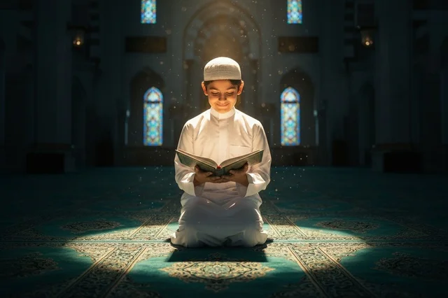 An Arab child reads the Holy Quran inside the mosque in a spiritual atmosphere.