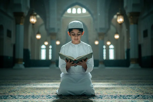 Emirati Boy Reading Holy Quran in Mosque Interior