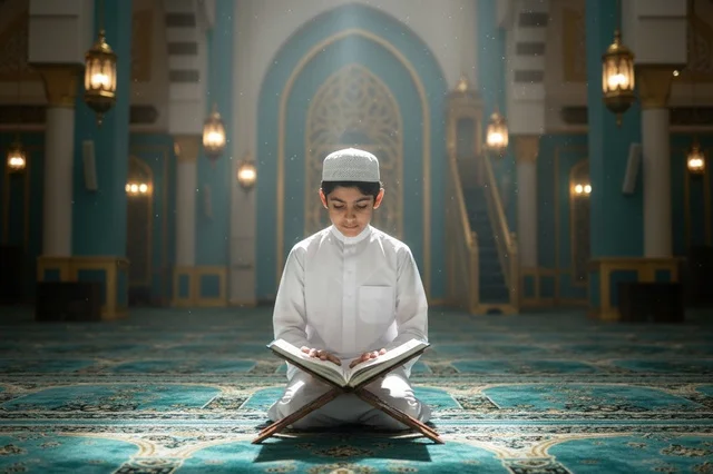 طفل سعودي يقرأ القرآن الكريم داخل المسجد