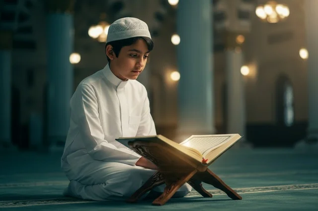 Saudi Boy Reading Quran in Mosque Interior