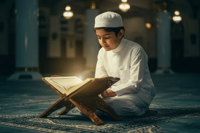 Muslim Boy Reading Quran in Mosque Interior