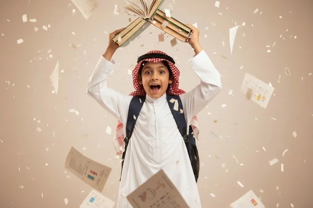 طفل سعودي بالثوب التقليدي يحتفل بالنجاح المدرسي والكتب
