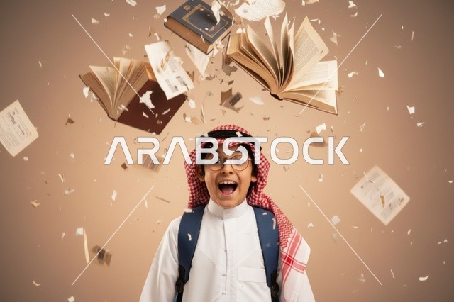 طفل سعودي بزي تقليدي مع كتب وأوراق متطايرة