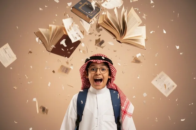 Saudi Student Boy with Flying Books and Papers