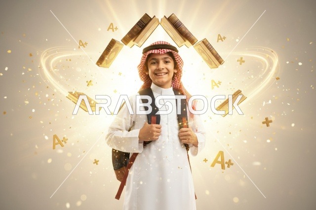 طالب سعودي مع كتب طائرة ودرجات امتياز
