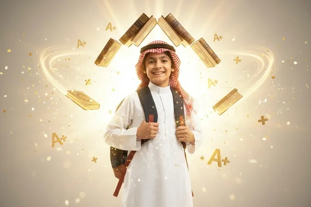 طالب سعودي مع كتب طائرة ودرجات امتياز