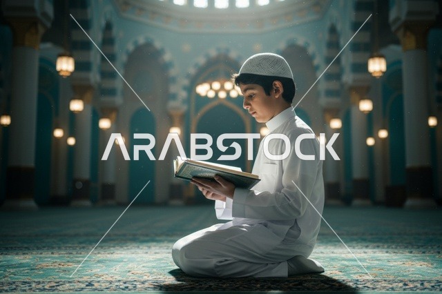 Arab Boy in Thobe Reading Quran Inside Mosque