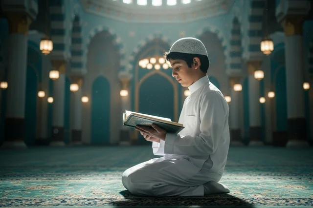 Arab Boy in Thobe Reading Quran Inside Mosque Arab Boy in Thobe Reading Quran Inside Mosque