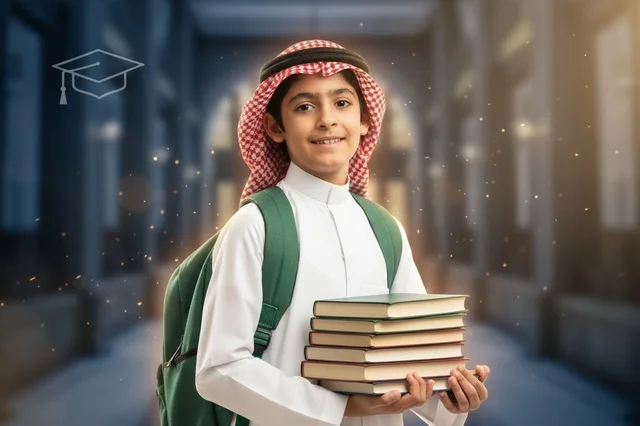 Saudi Schoolboy in Traditional Thobe Holding Books