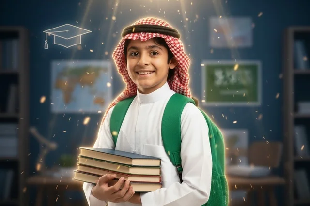 Saudi Student with Books Wearing Traditional Thobe