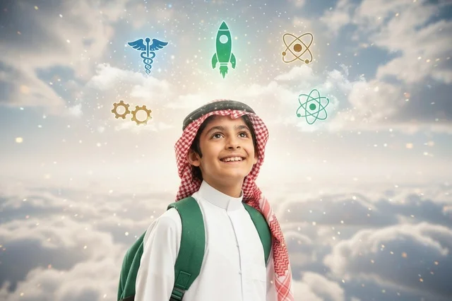 طالب سعودي بالزي التقليدي مع أيقونات العلوم