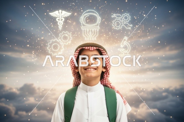 طالب سعودي مع أيقونات المهن والعلوم المستقبلية