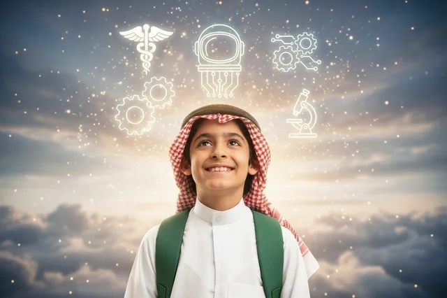 طالب سعودي مع أيقونات المهن والعلوم المستقبلية