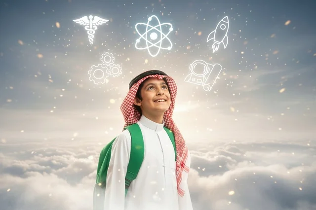 Saudi Boy in Traditional Thobe with Educational Icons Saudi Boy in Traditional Thobe with Educational Icons