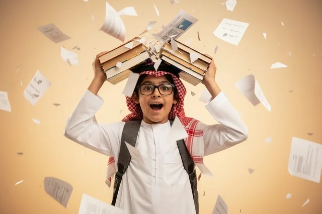 طالب سعودي مع كتب وأوراق متطايرة في الاستوديو