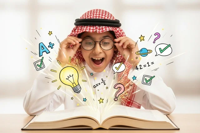 Saudi Boy in Traditional Thobe Reading with Icons