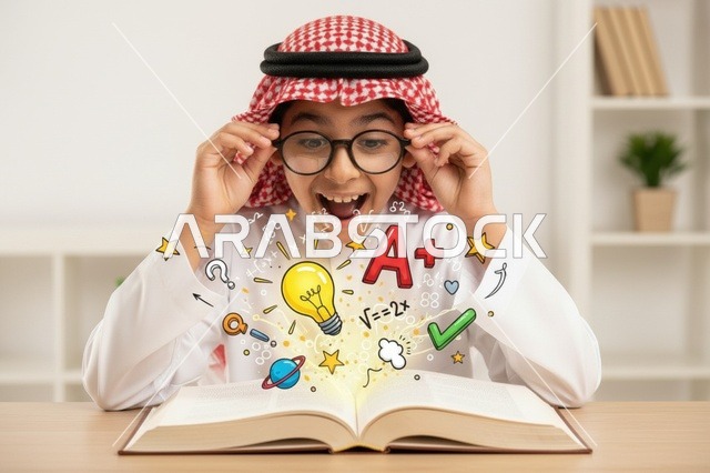 طالب سعودي يقرأ كتاباً مع رسومات إبداعية