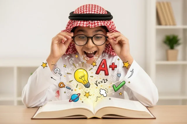 طالب سعودي يقرأ كتاباً مع رسومات إبداعية