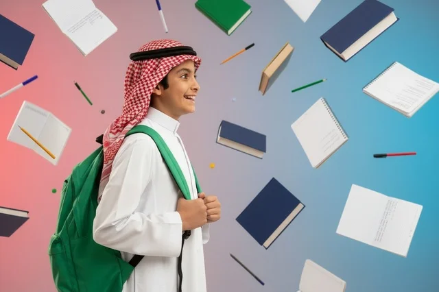 Saudi Schoolboy in Traditional Thobe with Backpack