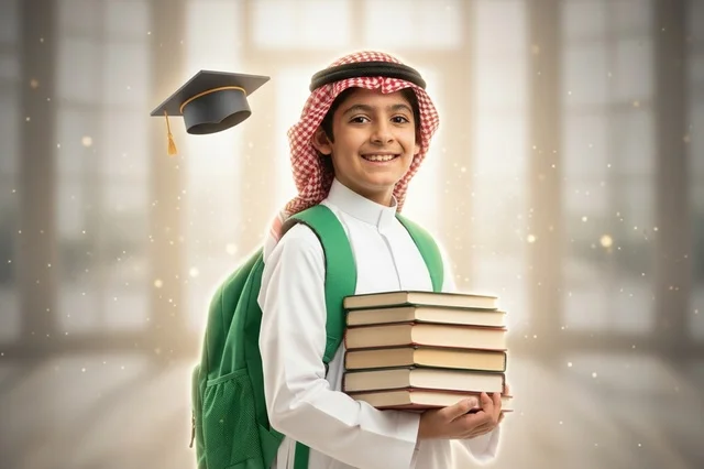 Saudi Student with Books and Graduation Cap