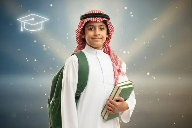 Saudi Student in Traditional Thobe with School Bag and Books