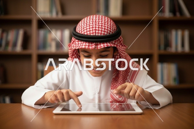 Saudi Boy Using Tablet in Library Education Setting