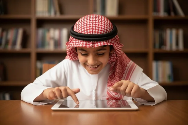 Saudi Boy Using Tablet in Library Education Setting
