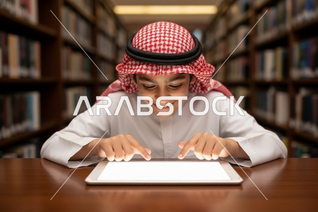Saudi Boy in Thobe Using Tablet in Library