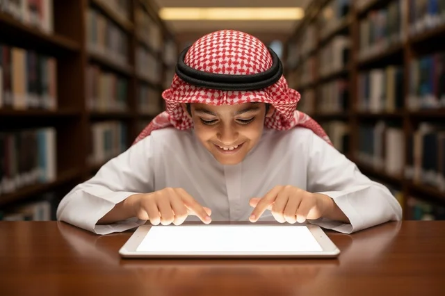 Saudi Boy in Thobe Using Tablet in Library