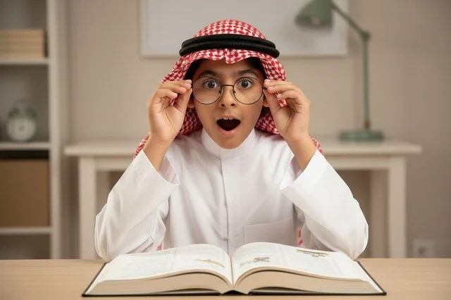 طفل سعودي باللباس التقليدي مندهش أثناء القراءة
