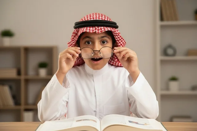 طفل سعودي بالزي التقليدي يقرأ بدهشة في المنزل